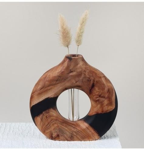Round Wood Vase with Glass Tube
