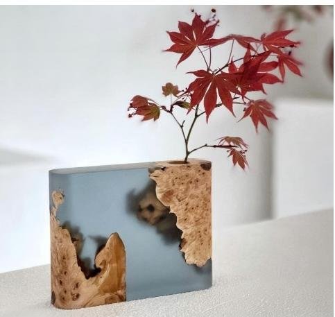 Burl Wood Vase — Blue-Grey Resin