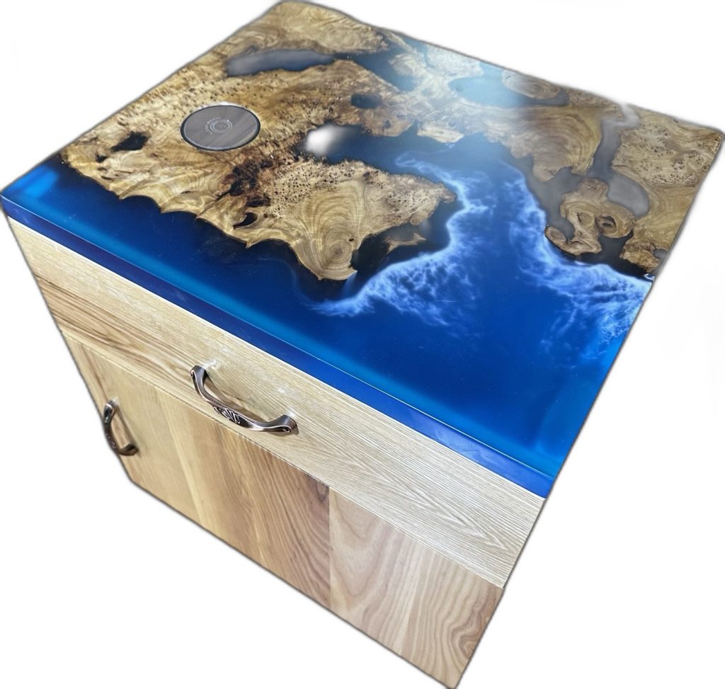 Burl Wood & Blue Epoxy Resin Cabinet with Wireless Charging