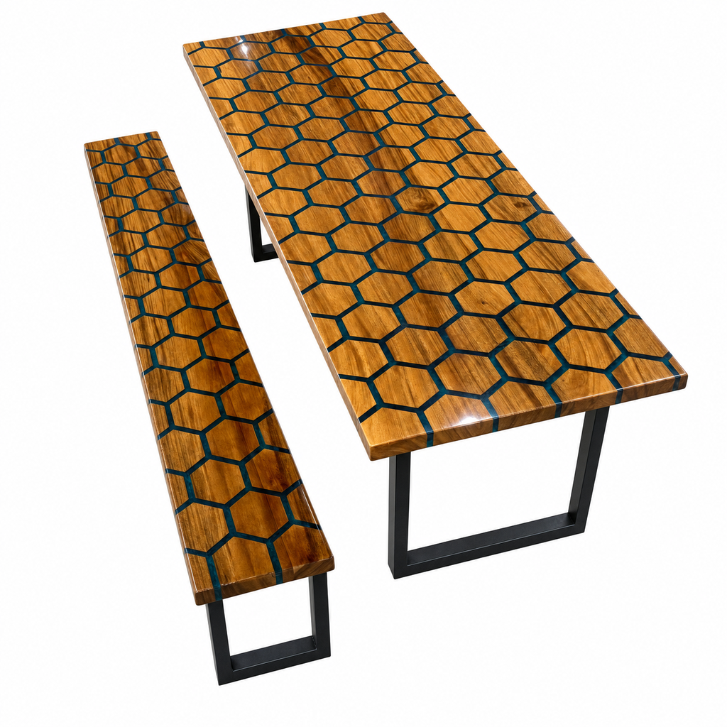 Honeycomb Epoxy Dining Table & Bench Set